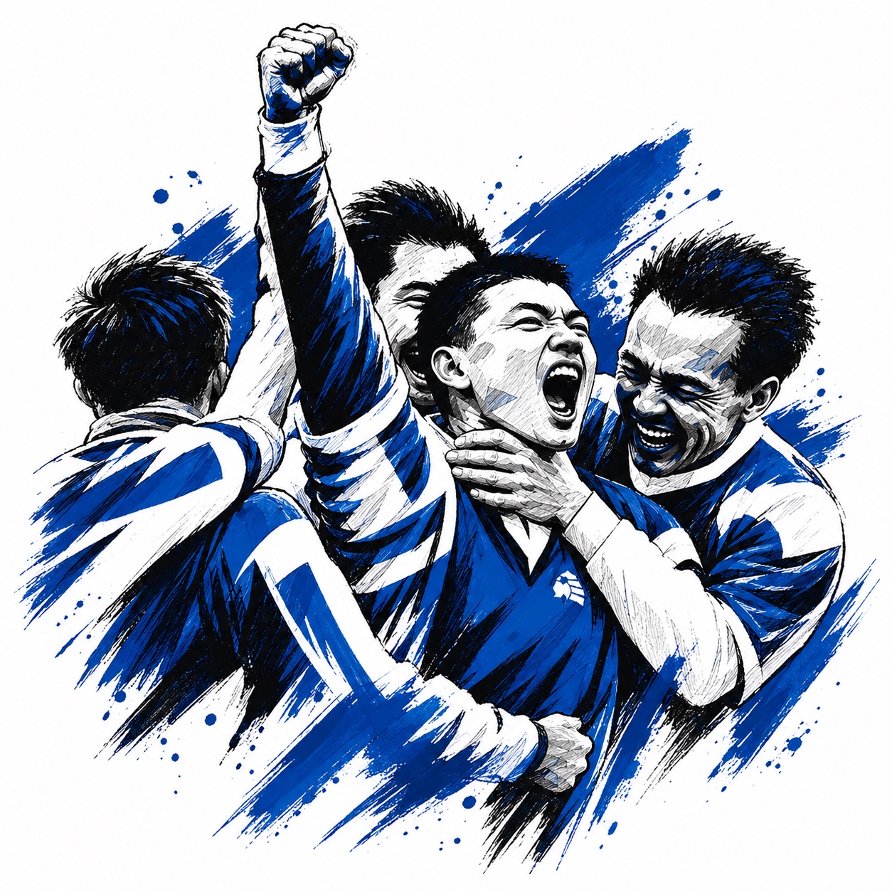 Ny Forside Illustration af sportsudøvere, der fejrer sammen i blå og hvide trøjer